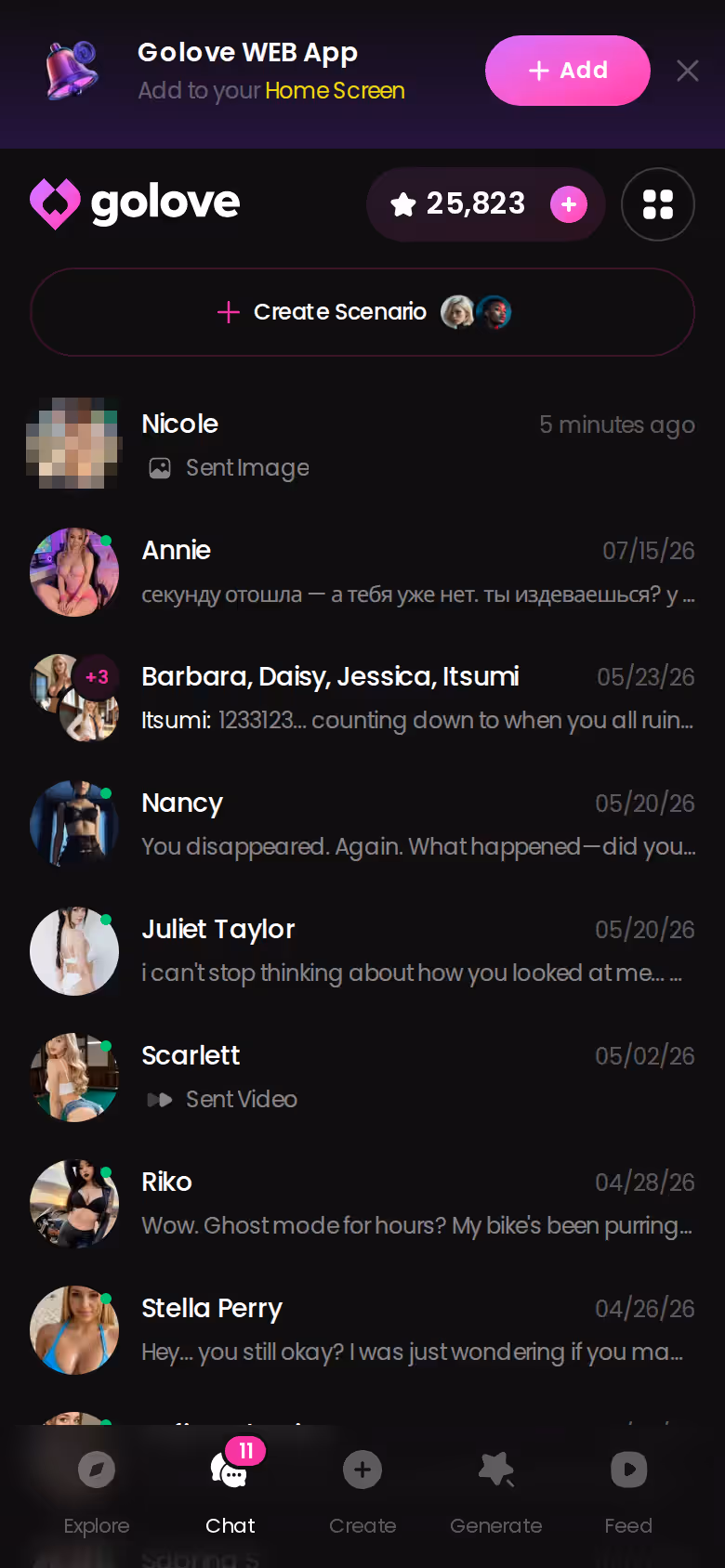 Liste des discussions GoLove sur mobile, une conversation par personnage