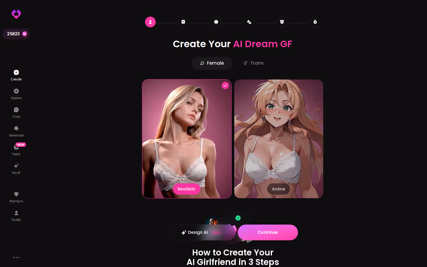 Créer — Réaliste ou Anime, Femme ou Trans, puis Continuer. — site porno ia