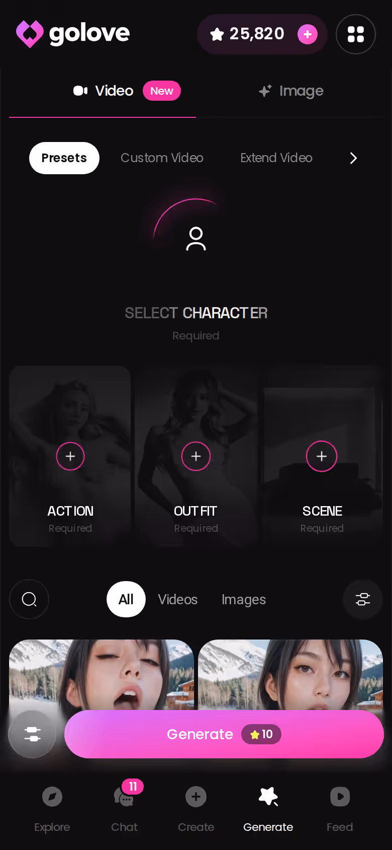 Générateur GoLove sur mobile avec les modes Vidéo et Image où se dépensent les Stars