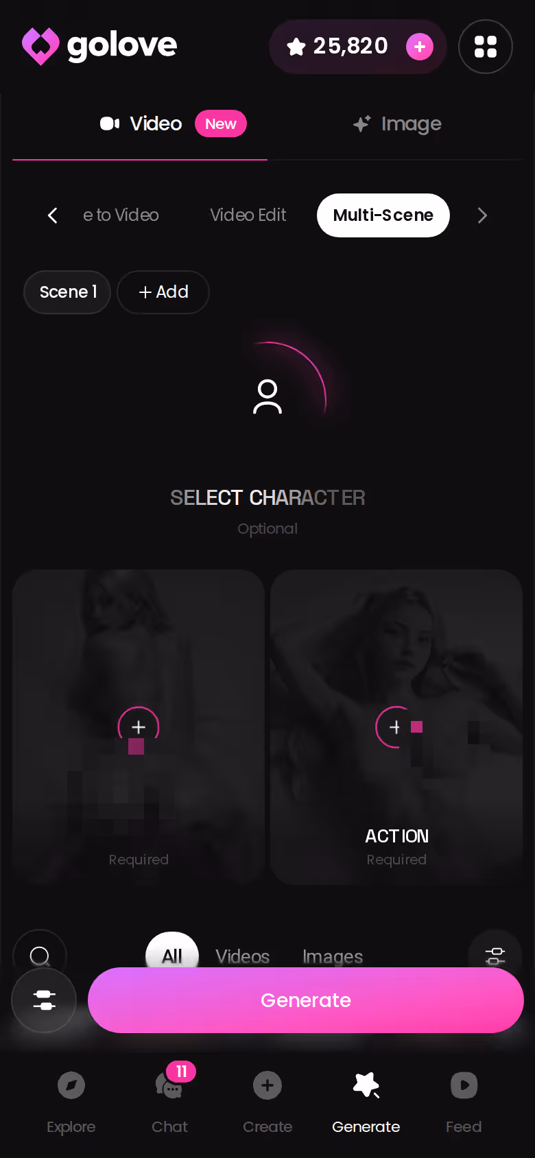 Mode Multi-scène du Générateur GoLove sur mobile